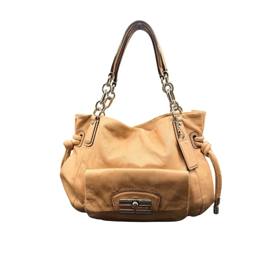Coach Kristin 14758 Tan Leather Chain Shoulder Bag Large Hobo Tote Purse